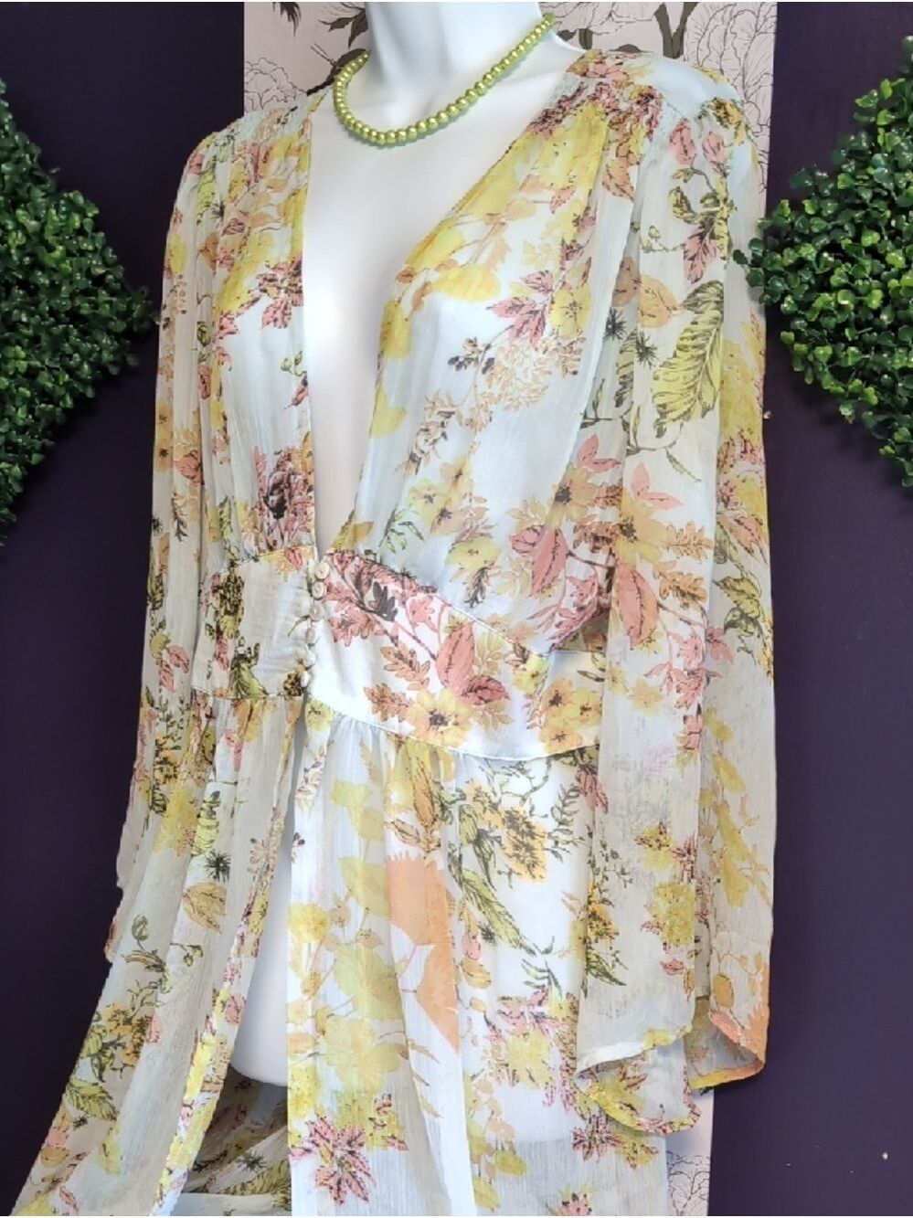 Kori Sheer Floral Duster/ Swim Coverup in Yellow & Pink - Picture 2 of 9